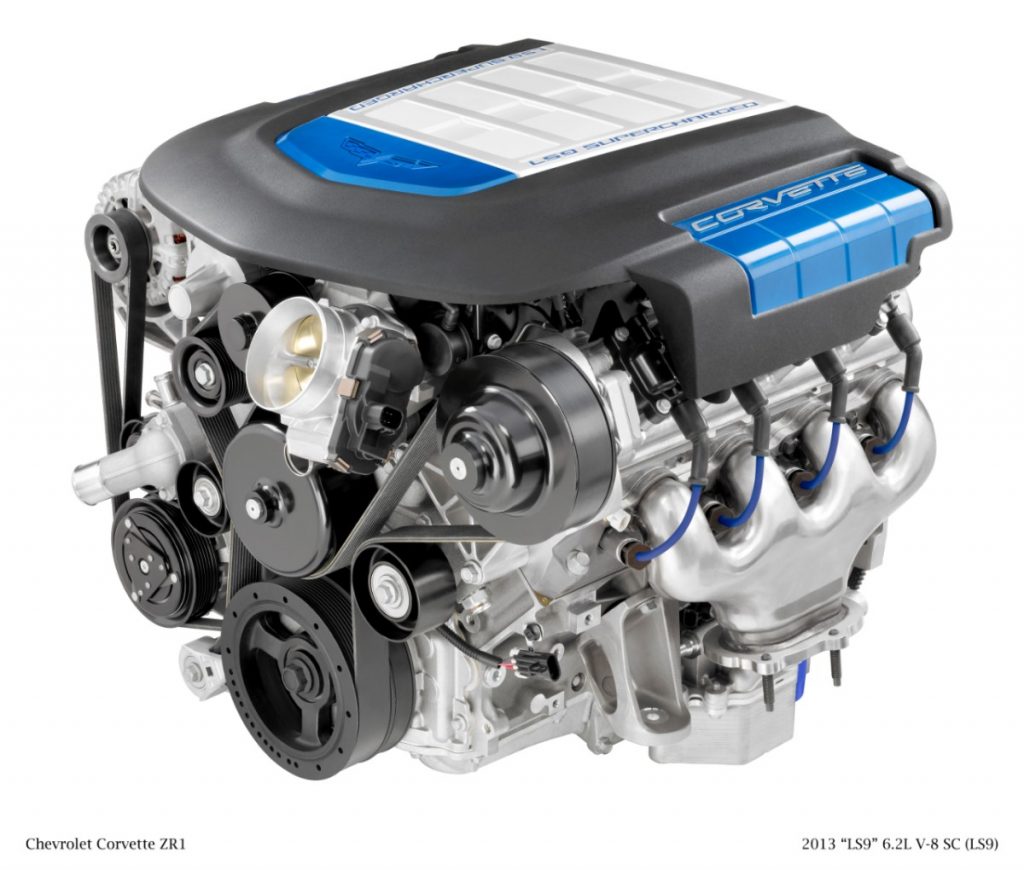 ls9 v8 engine from a supercharged corvette in gm press photo