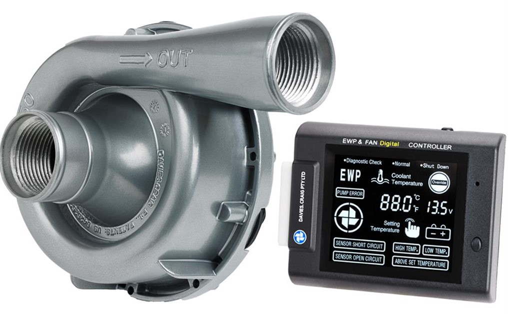 close up look at davies craig water pump and electric fan control module