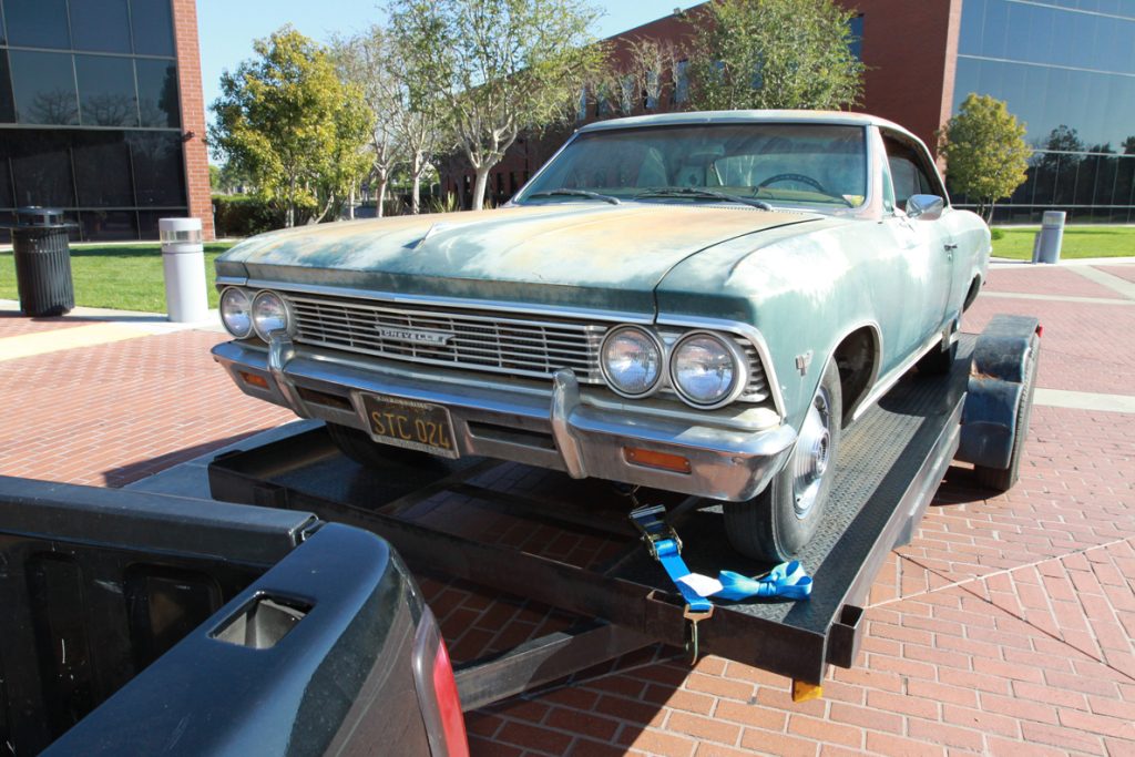 chevy chevelle malibu restoration project on a car trailer