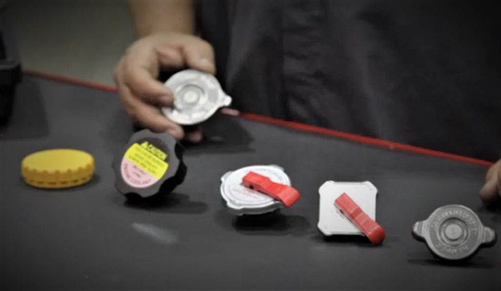 man holding radiator cap near row of other different caps