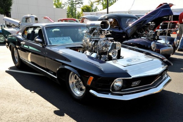 vintage black mustang pro street with supercharged v8