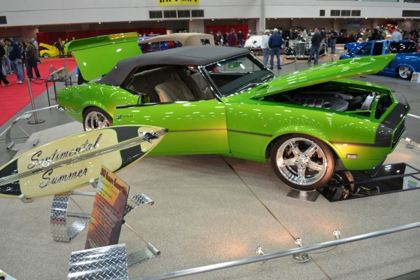 green custom first gen chevy camaro convertible show car