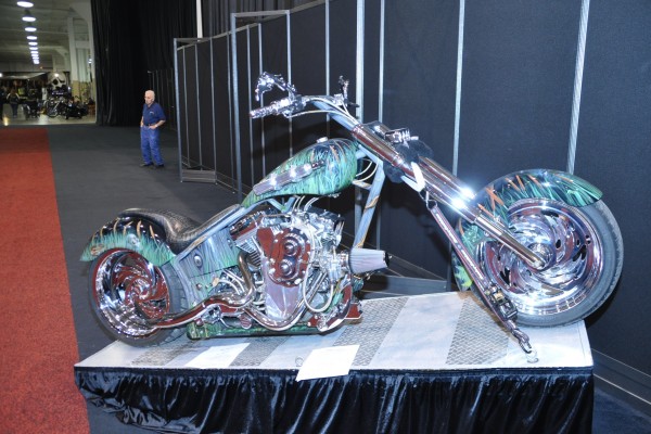 green custom american v-twin motorcycle