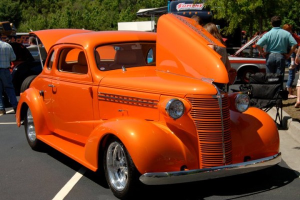 orange prewar hot rod coupe
