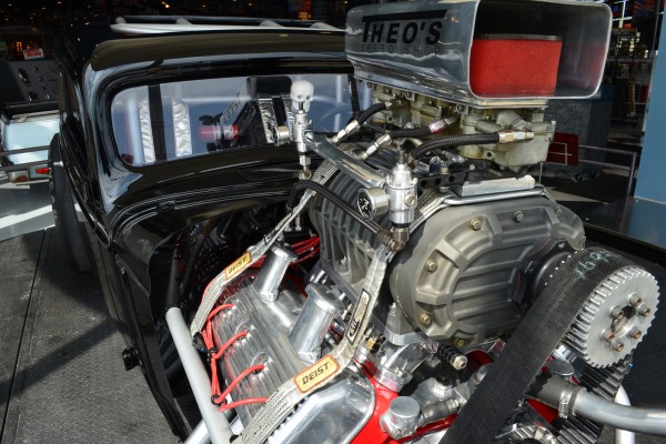 supercharged engine in a 1934 Chevrolet Master Coupe hot rod