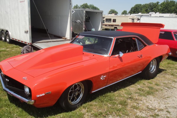 chevy camaro first gen drag car with cowl hood