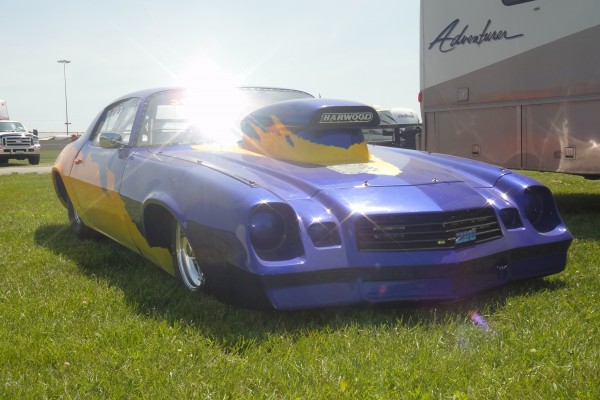 second gen chevy camaro drag car with hood scoop