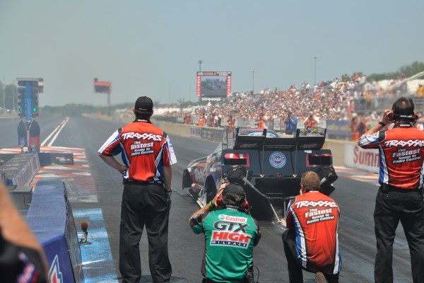 view behind a nitro funny car before launch