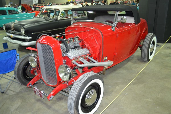 red ford roadster with sbc v8 engine