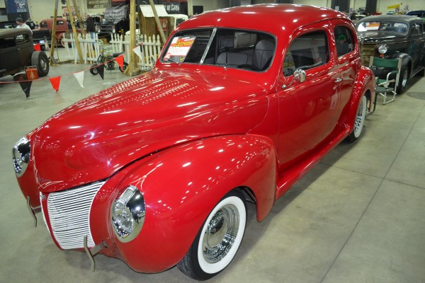 red prewar hot rod coupe at car show