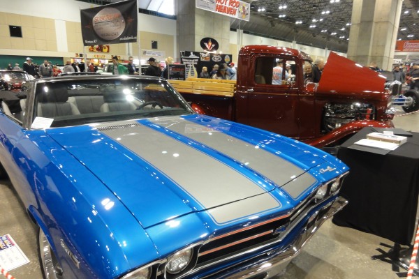 a blue and grey chevy chevelle convertible