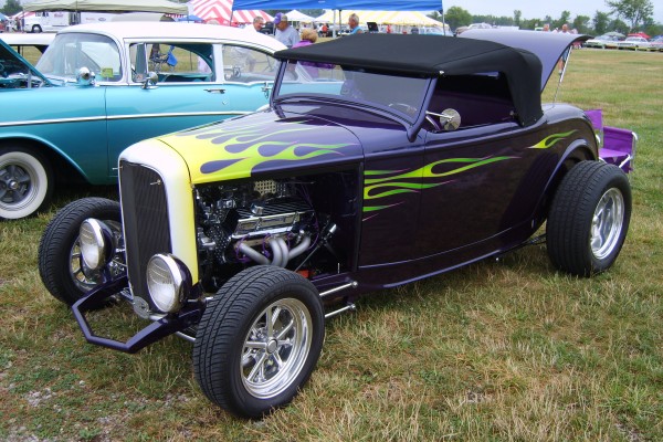 vintage flamed hot rod Ford with sbc v8
