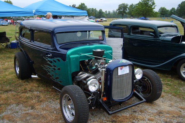 ford tudor hotrod with green flamed paint job