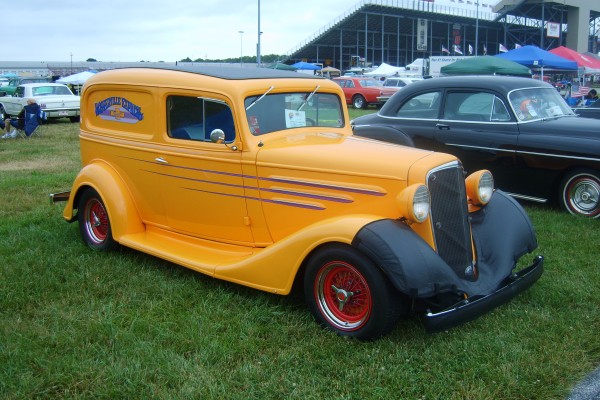 Yellow hot rod sedan delivery truck