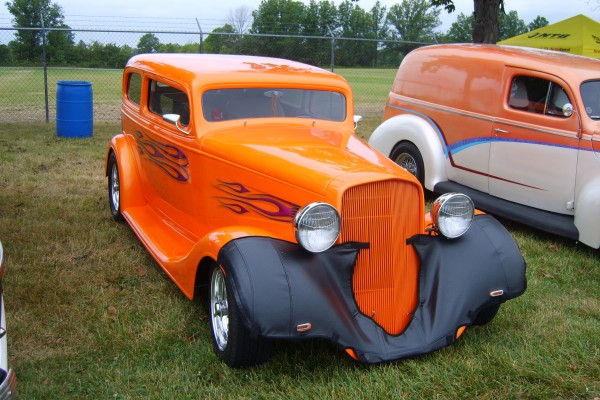 orange flamed hot rod coupe