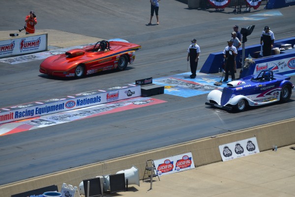 dragsters staging at a dragstrip starting line