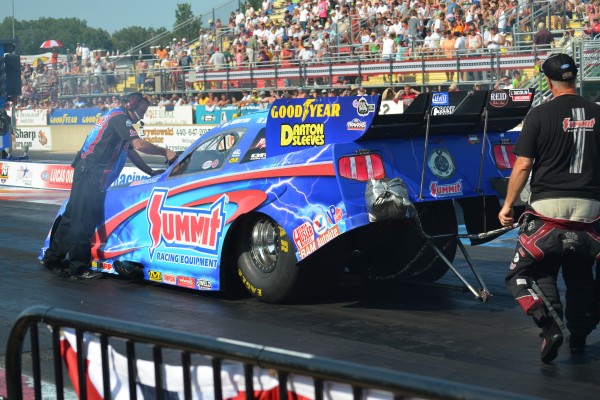 Summit Racing funny car prior to staging at an NHRA drag race