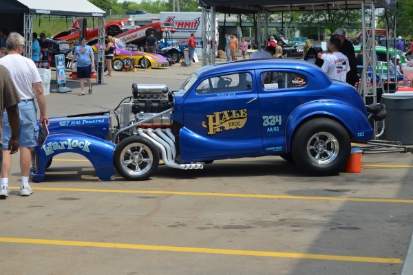 nostalgia drag car with front clip removed