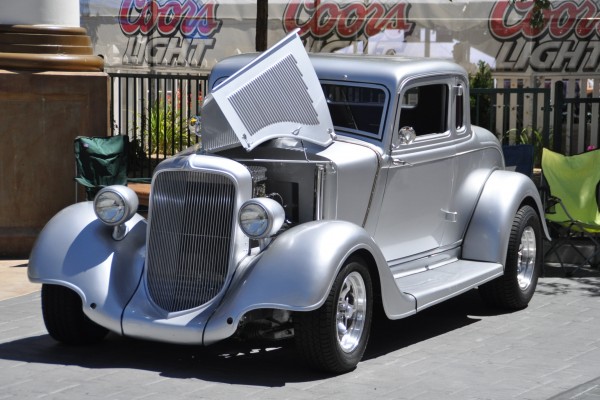 silver customized ford 5 window hot rod coupe