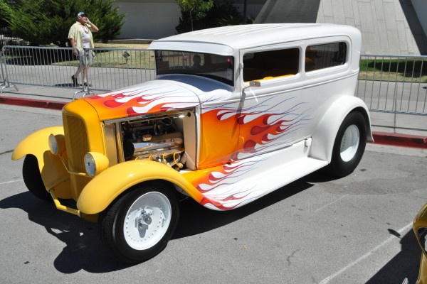 white flamed ford tudor hot rod