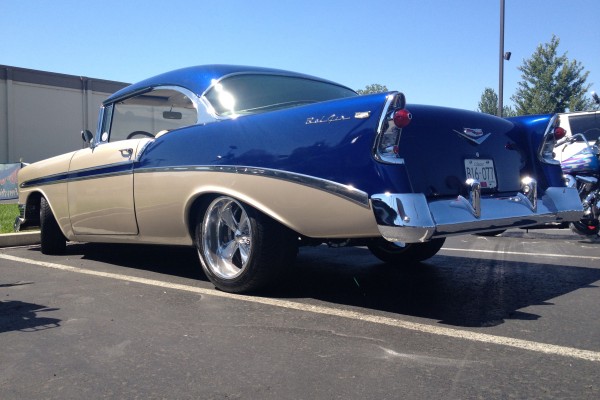 rear view of a 1956 Chevy hot rod