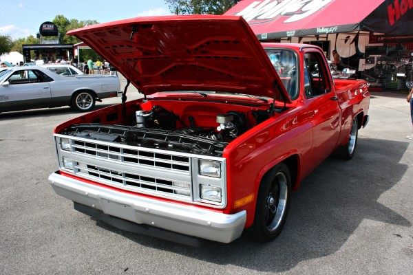 Red Chevy pickup with LS engine