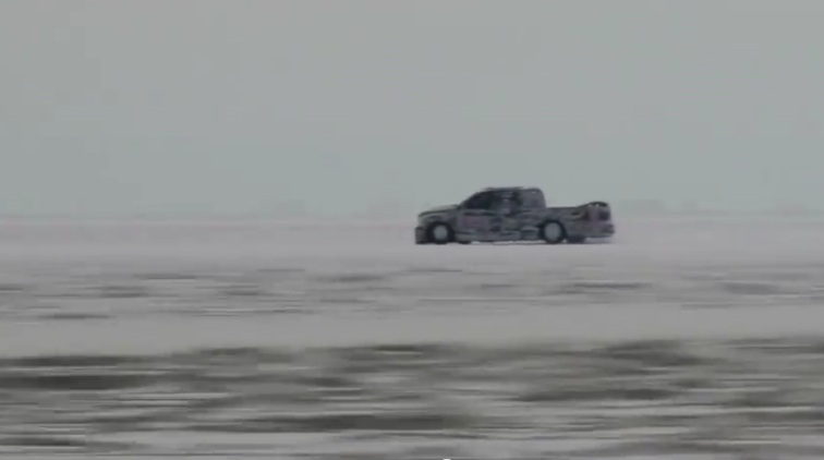 Jason Line in truck doing land speed run at Bonneville, 2012