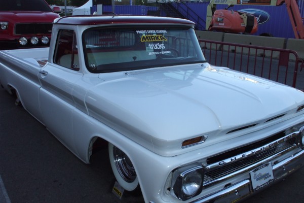lowered white chevy c10 pickup truck