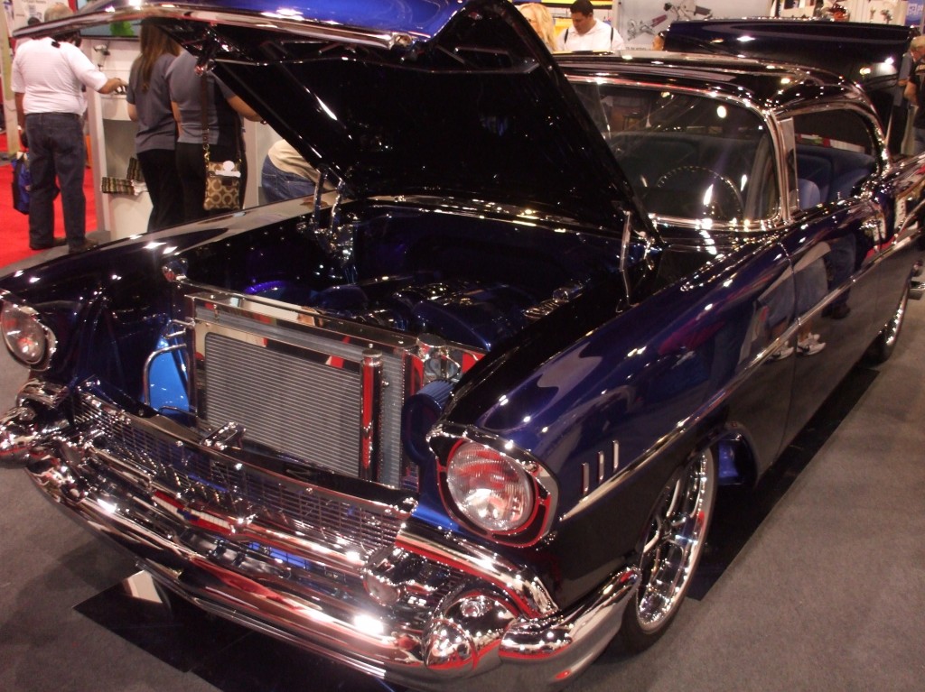 blue 1957 chevy engine bay at 2012 SEMA show