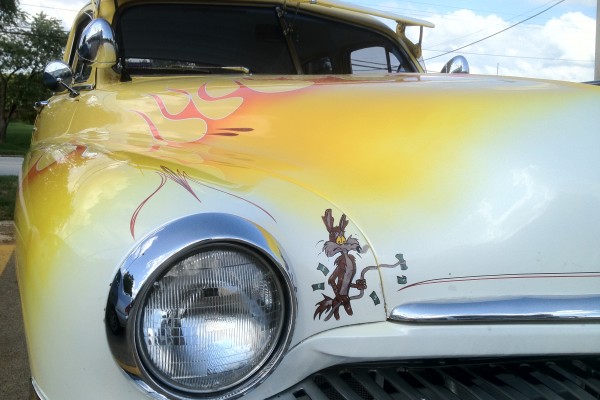 close up of wile e coyote decal on a 1951 Mercury Lead Sled Hotrod sedan