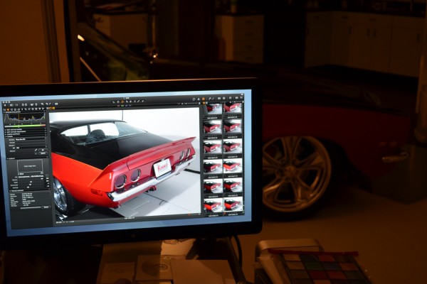1972 chevy camaro ss photo shoot, view through monitor