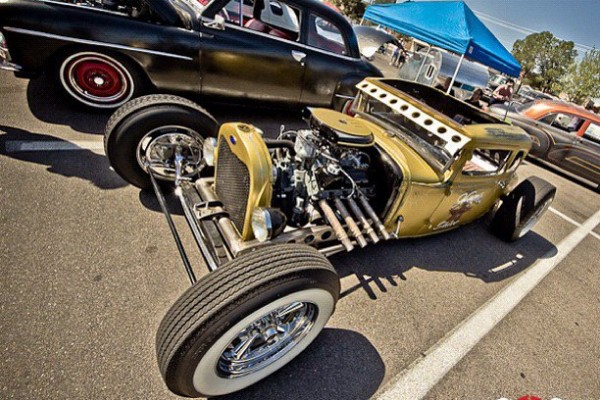 vintage gold hot rod coupe