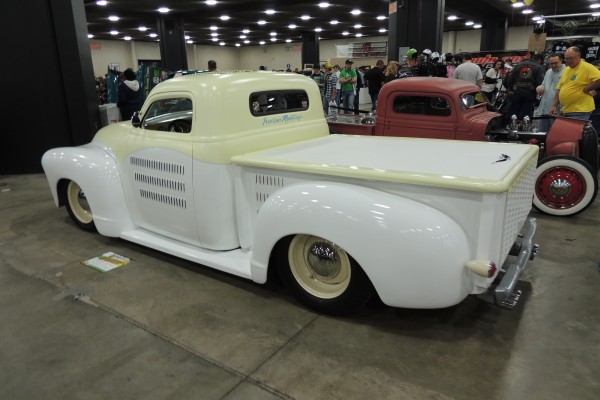 lowered custom white hot rod pickup truck