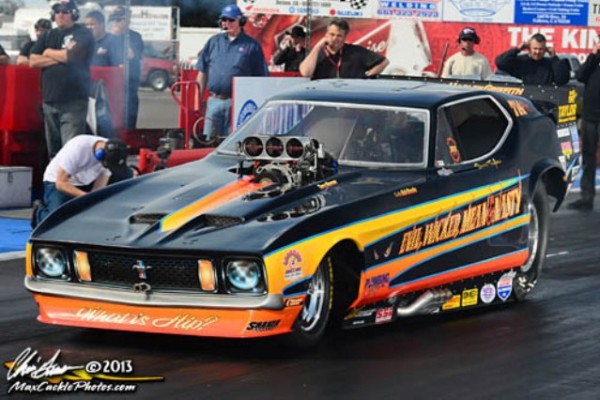 vintage mustang funny car on dragstrip