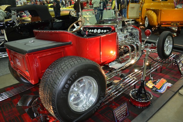 ford t bucket hot rod roadster in a car show display