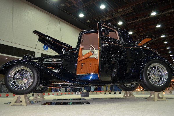 custom hot rod coupe in a car show display