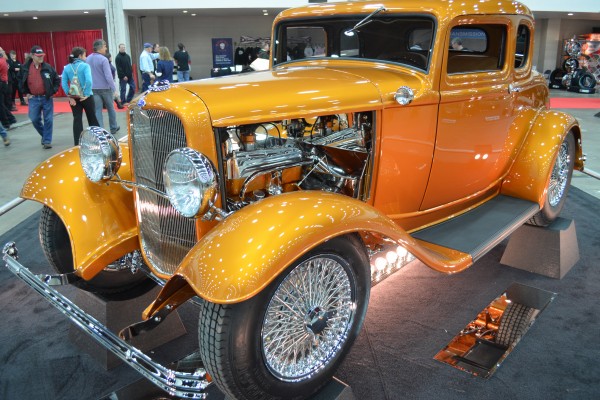 gold ford five window hot rod coupe