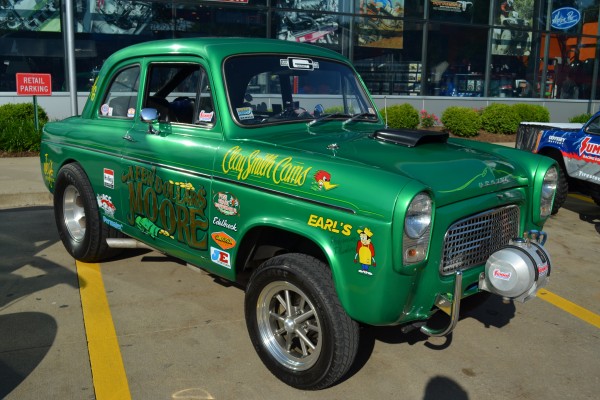 Green straight axle nostalgia drag car
