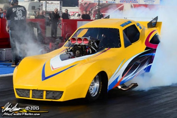 c3 corvette funny car on dragstrip