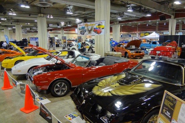row of vintage pontiac firebirds and trans am at car show
