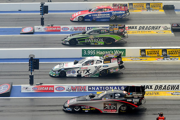 funny cars lined up a NHRA: Four Wide Nationals