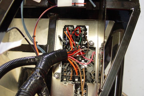 rear view of an automotive fuse block panel