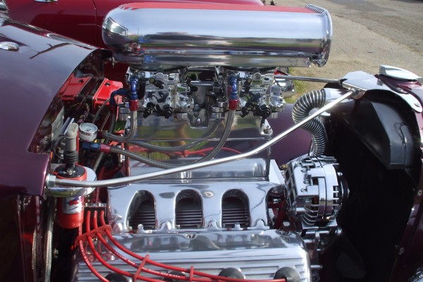 blown hemi v8 engine in a hot rod