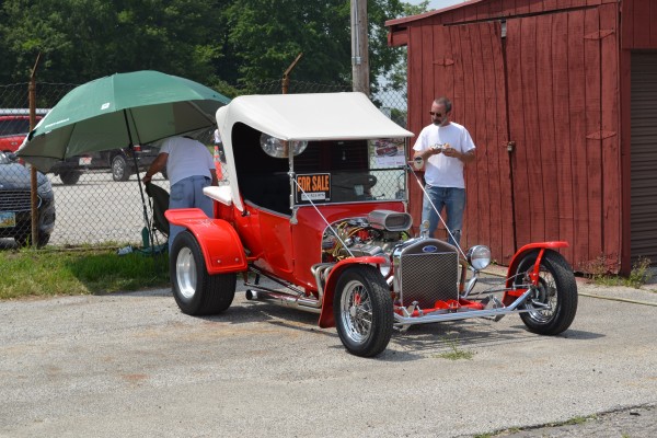 ford t bucket roadster with raked top and v8