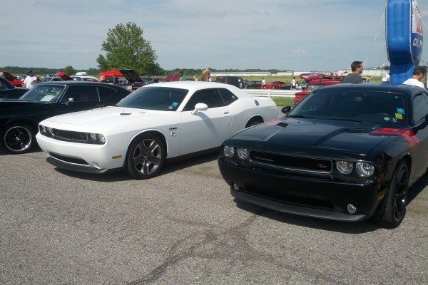 pair of late model dodge challenger coupes at a car show