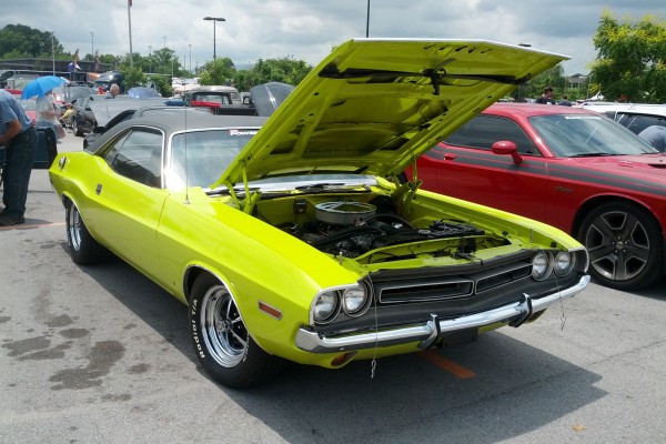 green dodge challenger with black vinyl top