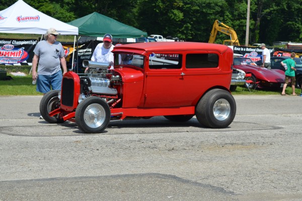red supercharged ford tudor hot rod