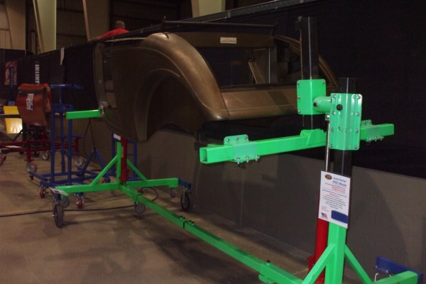 vintage hot rod body on a rotisserie jig