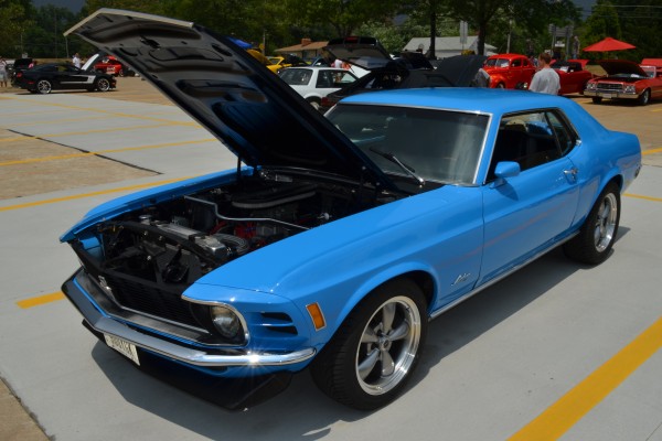 Blue ford mustang notchback coupe at car show