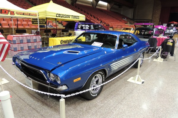 blue dodge challenger at indoor car show